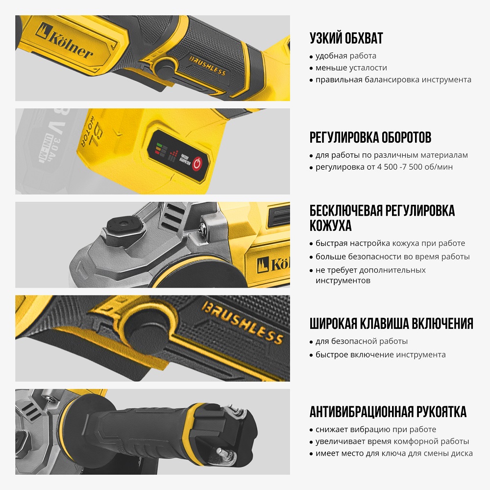 Угловая шлифмашина Kolner KAG 18-125BL-2K (8020700033) узкий захват