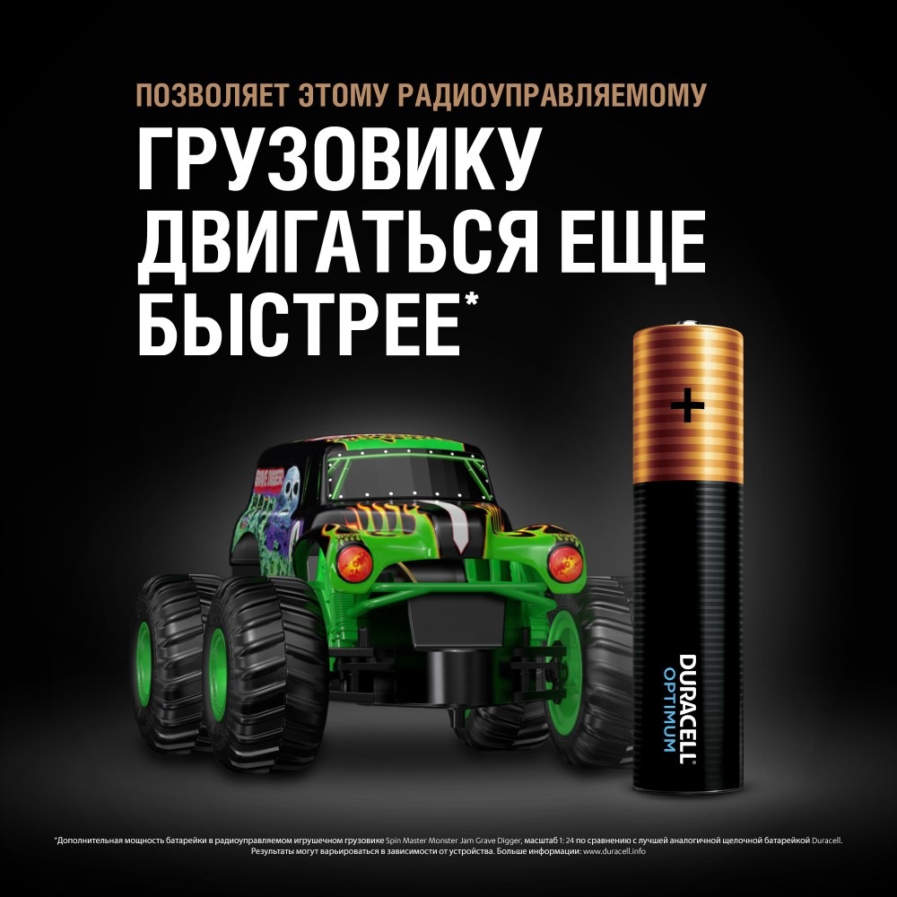 Батарейка DURACELL Optimum LR03/MX2400 4BP Позволяет игрушечному грузовику двигаться еще быстрее