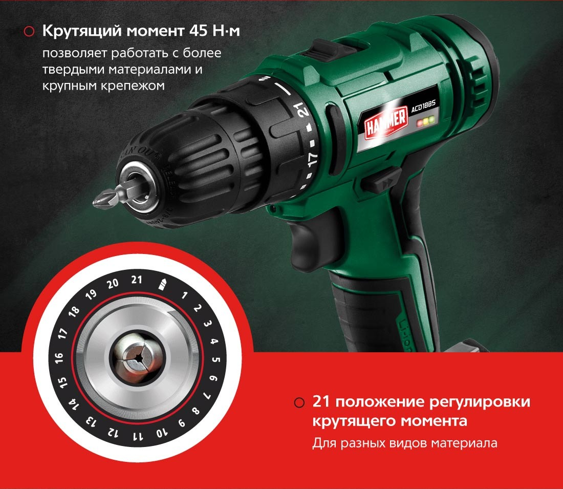 Hammer ACD18BS (с 2-мя АКБ, кейс) Крутящий момент 45Ньютон-метр