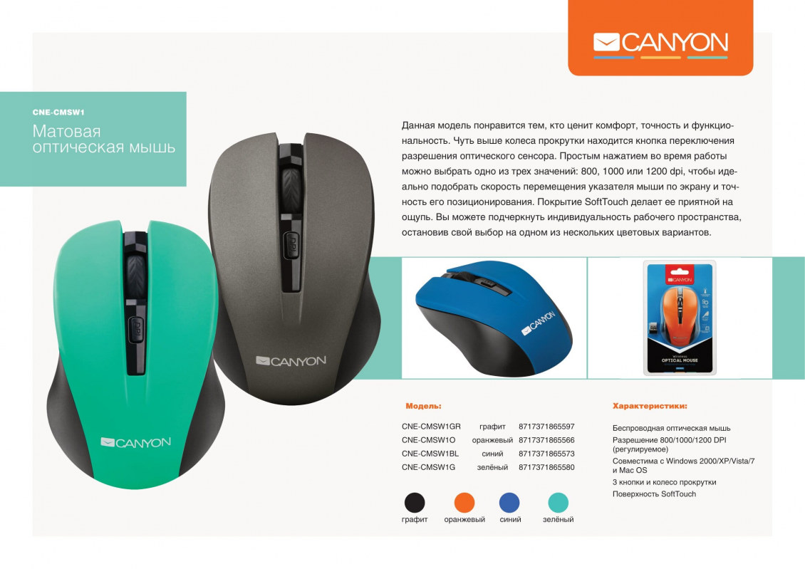 Мышь CANYON CNE-CMSW1O Мышь CANYON CNE-CMSW1O