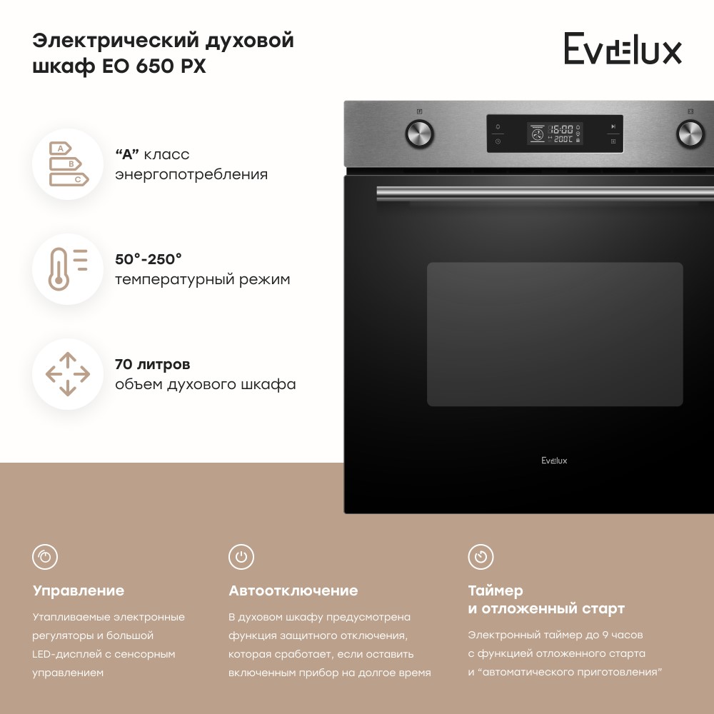 Духовой шкаф Evelux EO 650 PX Объем духового шкафа