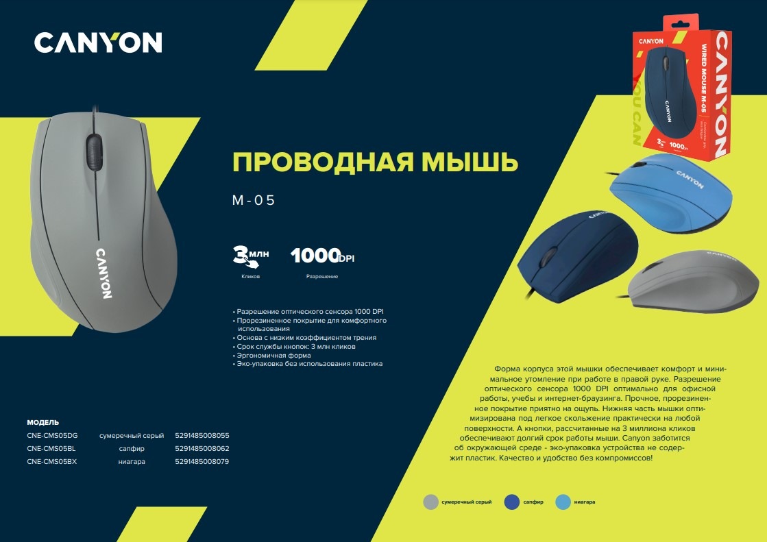 Мышь Canyon CNE-CMS05 Общие характеристики