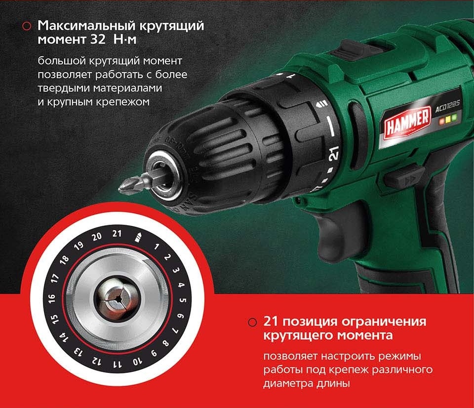 Hammer ACD12BS Максимальный крутящий момент 32 Ньютон-метр