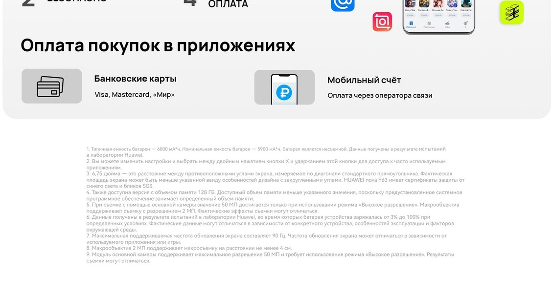 Смартфон HUAWEI nova Y63 примечание