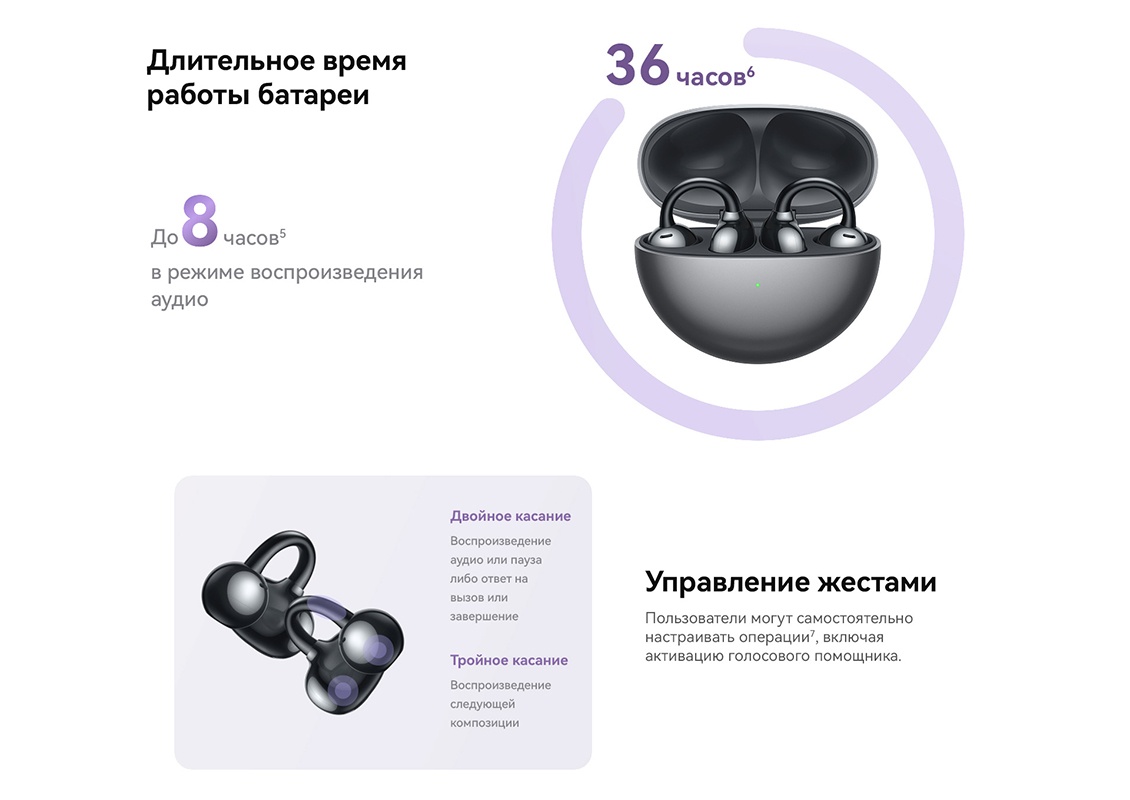 Беспроводные наушники HUAWEI FreeClip (T0017) фиолетовый Длительное время работы