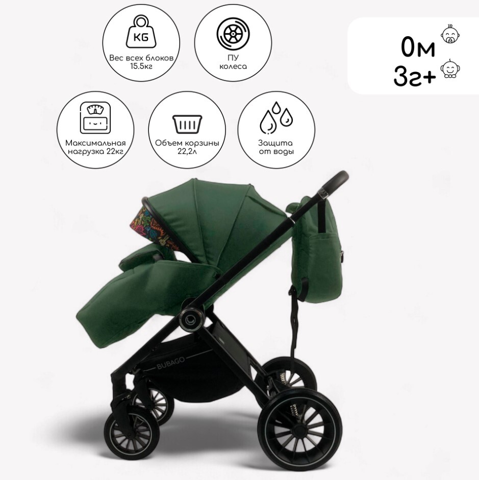 Детская универсальная коляска BubaGo BLOOM 2in1 BG 134-3 (зеленый) 3г+