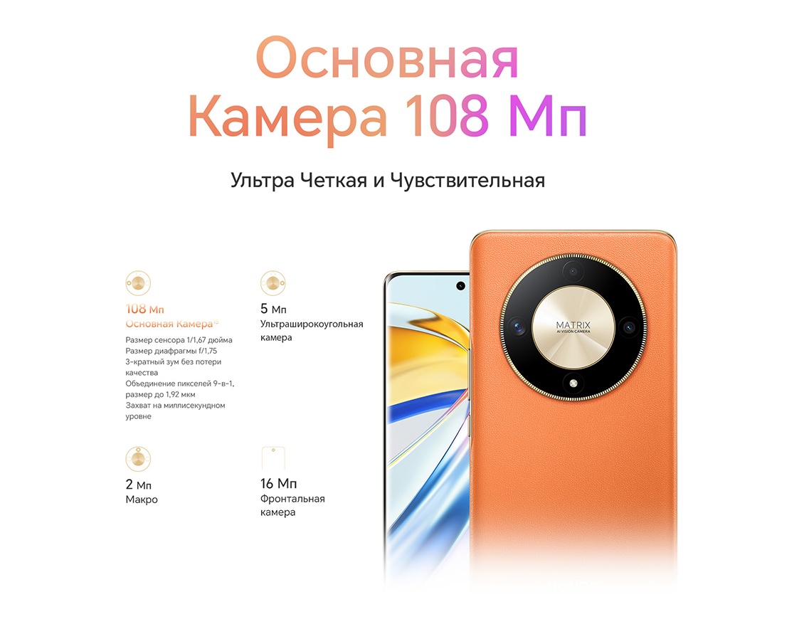 Honor X9b 12GB/256GB (оранжевый) Основная Камера 108 Мп