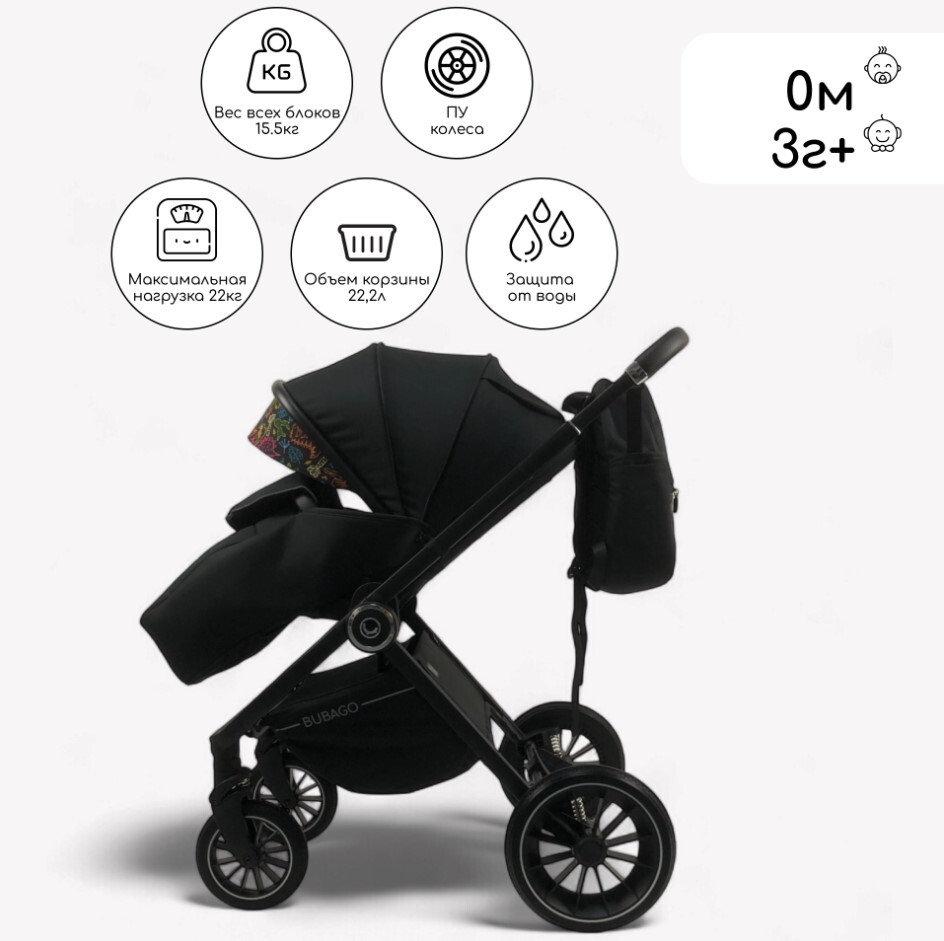 Детская универсальная коляска BubaGo BLOOM 2in1 BG 134-1 (черный) 3г+