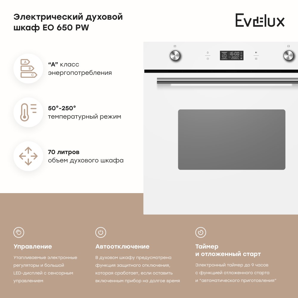 Духовой шкаф Evelux EO 650 PW Объем духового шкафа