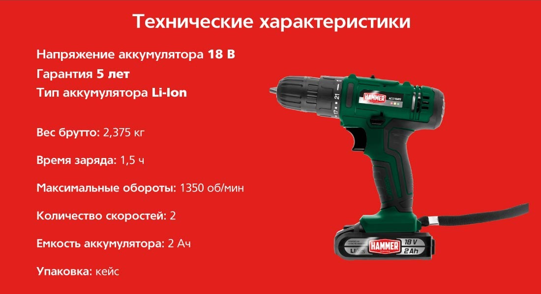 Hammer ACD18BS (с 2-мя АКБ, кейс) Технические характеристики