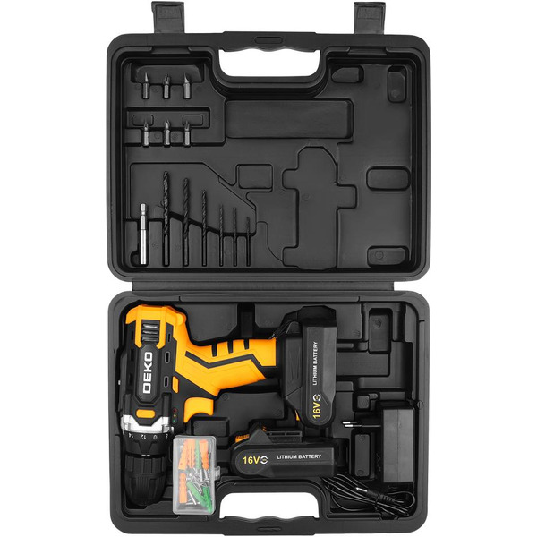 Дрель-шуруповерт Deko Sharker 16V + Set 63 083-1041 (с 2-мя АКБ, кейс)
