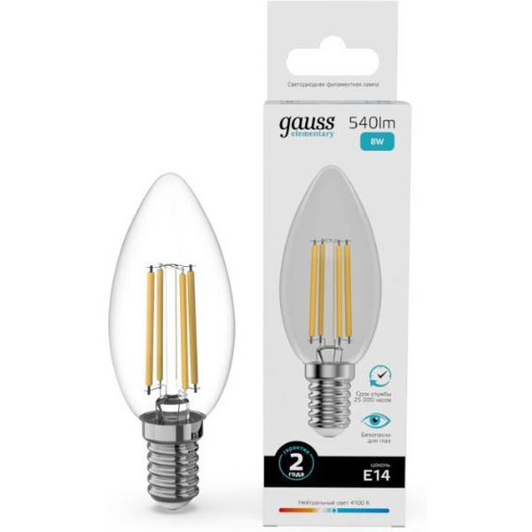 Лампочка Gauss Filament Elementary Свеча 8W 540lm 4100К Е14 32128