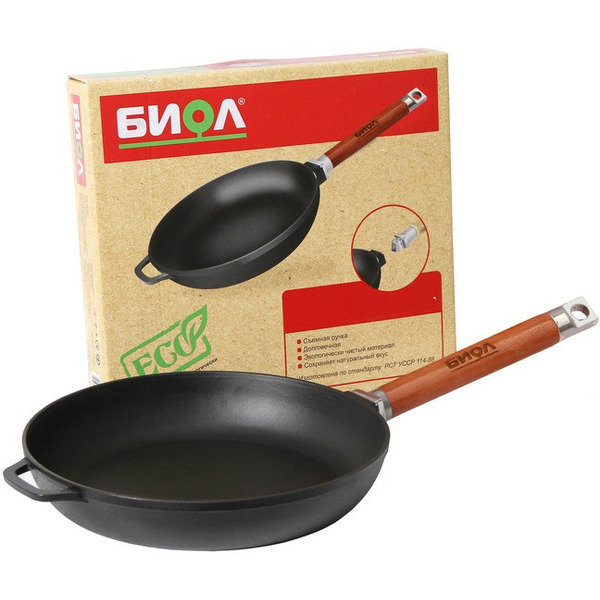 Сковорода чугунная Биол со съемной деревянной ручкой (26 см)