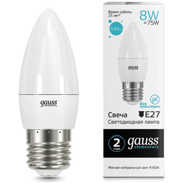 Лампа GAUSS LED Elementary Candle 8W E27 4100K (33228)