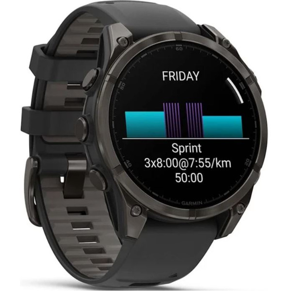 Умные часы Garmin Fenix 8 Sapphire, Titanium 47мм (угольно-черный DLC, пепельно-черный силиконовый ремешок)