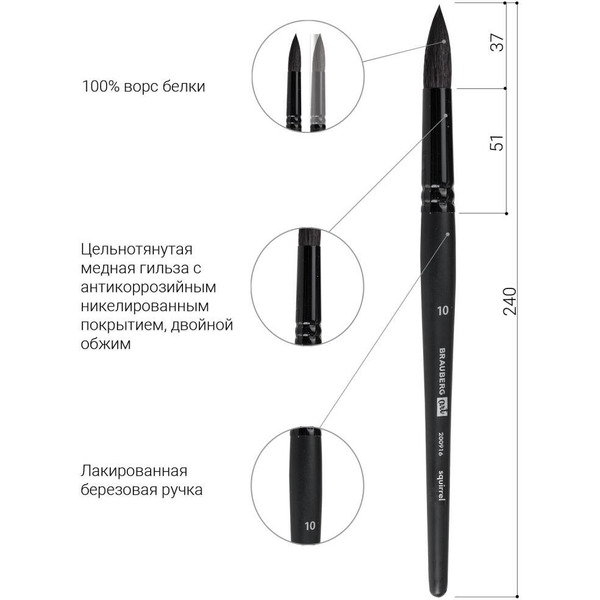 Кисть художественная профессиональная BRAUBERG Art Classic Белка 10 200916 (круглая)