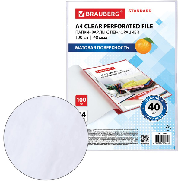 Файлы А4 STANDAR,100 шт, матовые, 40 мкм, BRAUBERG 229660
