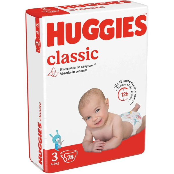 Детские одноразовые подгузники Huggies Classic Mega 3 (4-9 кг) 78шт.