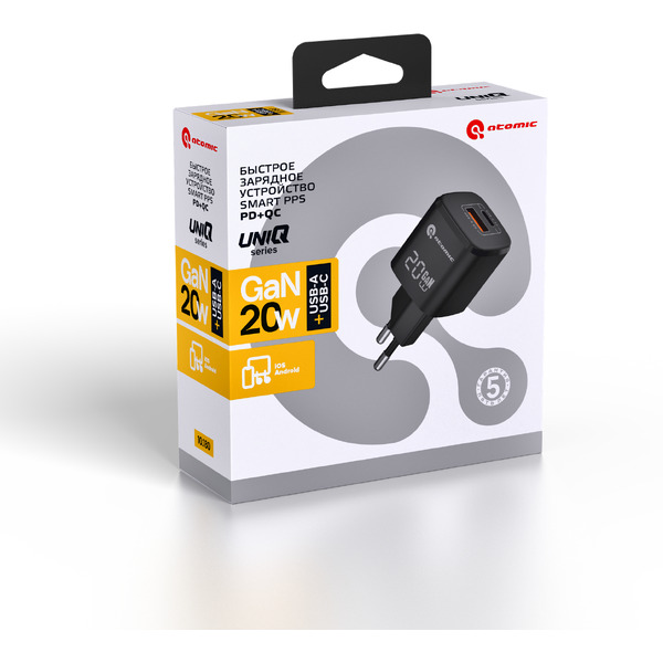 Зарядное устройство сетевое Atomic UniQ G201 GAN 20W USB A+C / 10.180 (черный)