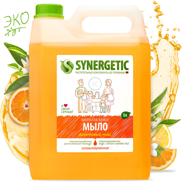 Жидкое мыло SYNERGETIC "Фруктовый микс" с эффектом увлажнения, гипоаллергенное, 5л (105502)