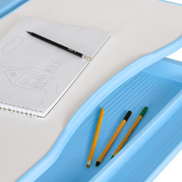 Парта+стул Anatomica Avgusta с выдвижным ящиком, подставкой и светильником (белый/голубой)