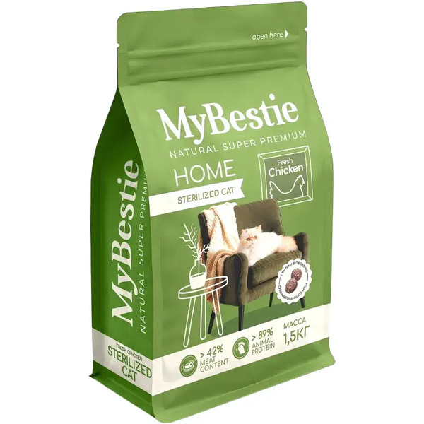 Сухой корм для кошек MyBestie Хоум Стерилизованный с курицей / 4544-15-MBH-CAT (1.5кг)