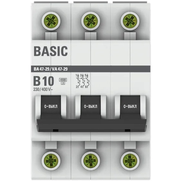 Выключатель автоматический EKF Basic ВА 47-29 3P 10А (B) 4,5кА