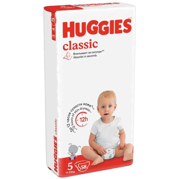 Детские одноразовые подгузники HUGGIES Classic Mega 5 (11-25кг) 58шт.