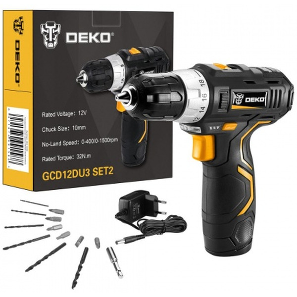Дрель-шуруповерт Deko GCD12DU3 SET 2 (063-4146) с 1-им АКБ, набор оснастки