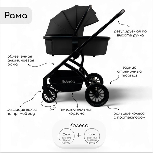 Детская универсальная коляска Bubago Lotta 3 в 1 BG 150-1 (черный)