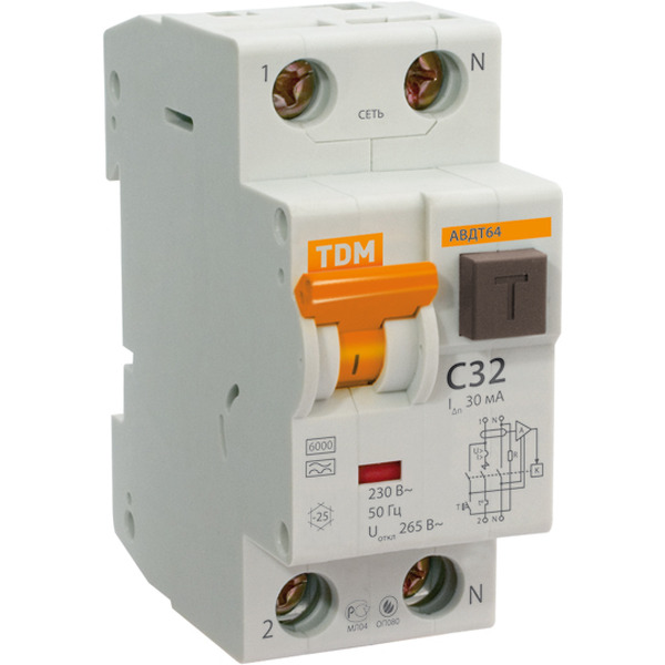 Автоматический выключатель дифференциального тока TDM 64 2Р(1Р+N) C16 30мА тип А защита 265В SQ0205-0004