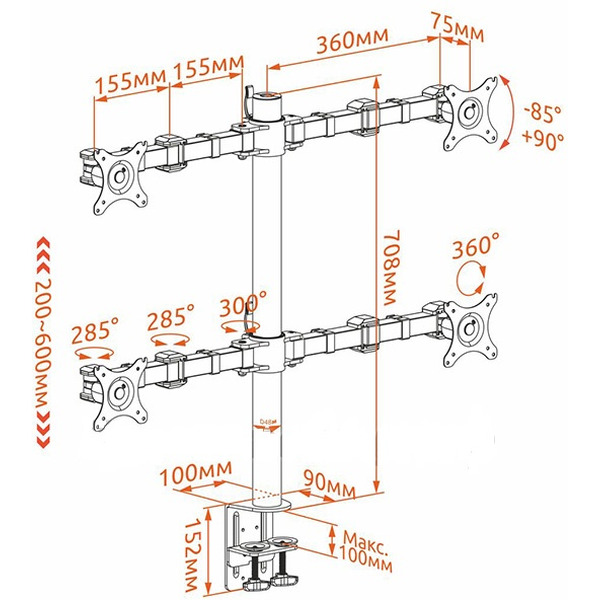 Кронштейн для четырех мониторов ONKRON D421E