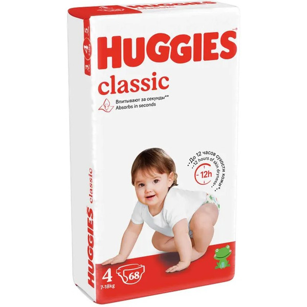 Детские одноразовые подгузники HUGGIES Classic Mega 4 (7-18кг) 68шт.