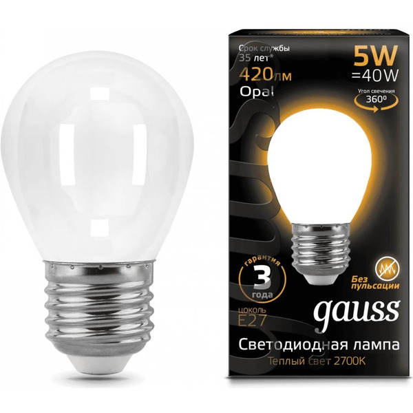 Лампа Gauss LED Filament Globe OPAL/milky 5W E27 2700K 105202105
