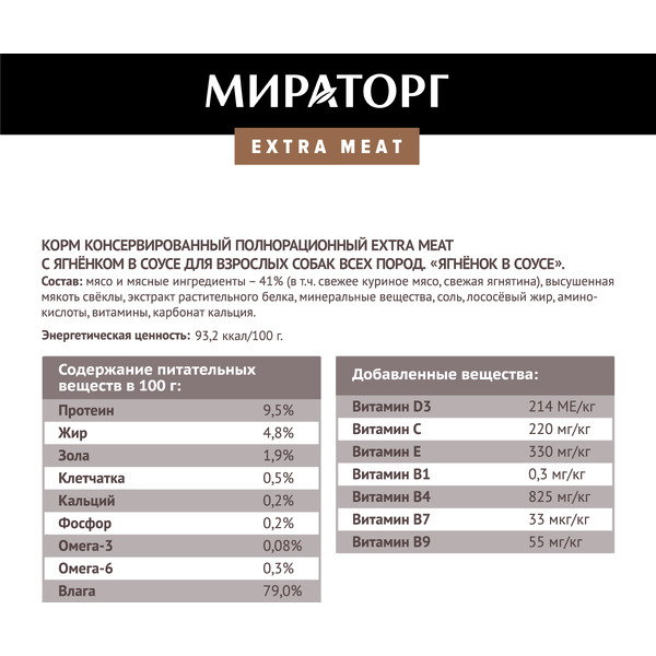 Консервированный корм для взрослых собак Мираторг Extra Meat с ягненком в соусе 85 г
