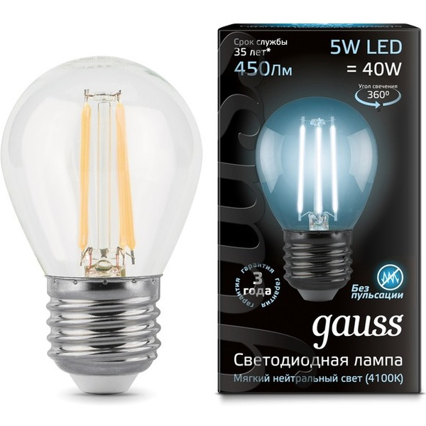 Лампа Gauss LED Filament Globe 5W E27 4100K (105802205)