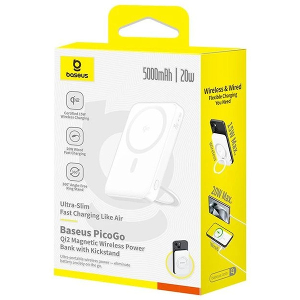 Внешний аккумулятор Baseus PicoGo Qi2 Magnetic Power Bank 5000mAh 20W (белый)