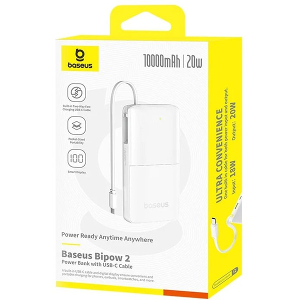 Внешний аккумулятор Baseus Bipow 2 Digital Display Power Bank With Built-in USB-C Cable 10000mah 20W (белый)