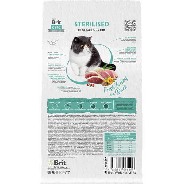 Сухой корм для кошек Брит Кеа Cat Sterilised Urinary Care с индейкой и уткой / 1067054 (400г)
