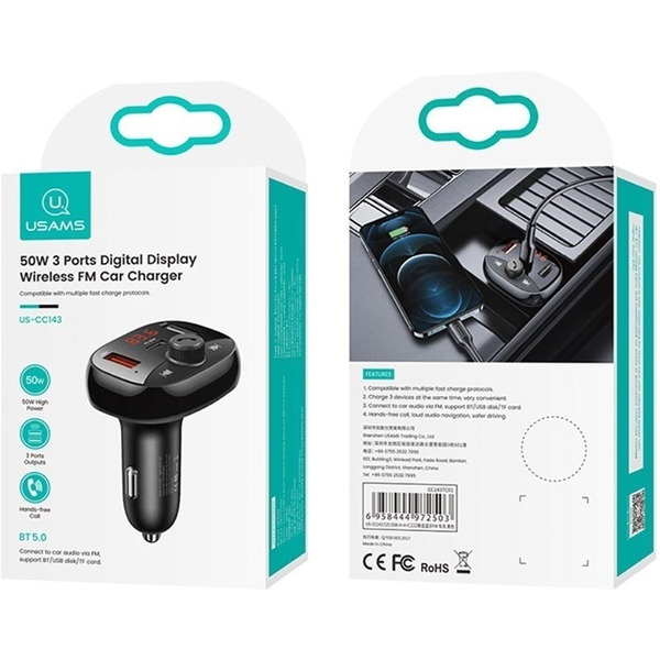 FM-модулятор Usams US-CC143 50W 3 Ports Digital Display Wireless FM