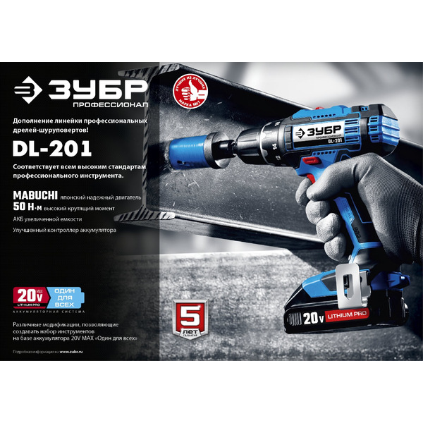 Дрель-шуруповерт Зубр Профессионал DL-201-22 (с 2-мя АКБ 2 Ач, кейс)