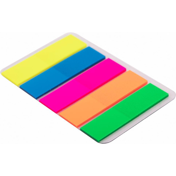 Закладки клейкие BRAUBERG 112442 (NEON COLOR, пластиковые, 45х12мм, 5 цветов х 20л, КОМПЛЕКТ 5шт)