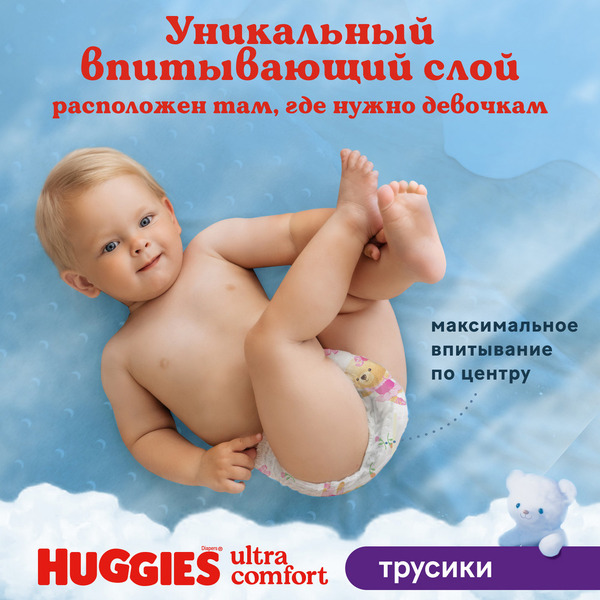 Детские одноразовые трусики-подгузники HUGGIES ULTRA COMFORT Mega 5 (12-17кг) 48шт_Girl