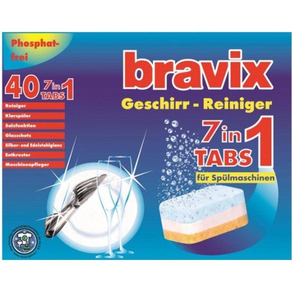 Комплект средств для посудомоечных машин BRAVIX 7 в 1 (40 таблеток) + соль REINEX Spezial-salz (2 кг)
