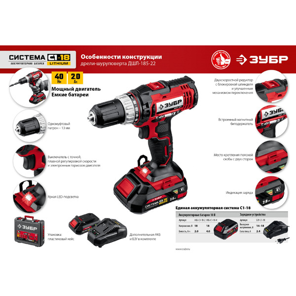 Дрель-шуруповерт Зубр Мастер ДШЛ-185-22 (с 2-мя АКБ, кейс)