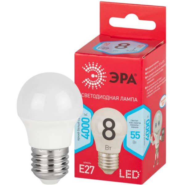 Лампочка ЭРА RED LINE LED P45-8W-840-E27 R