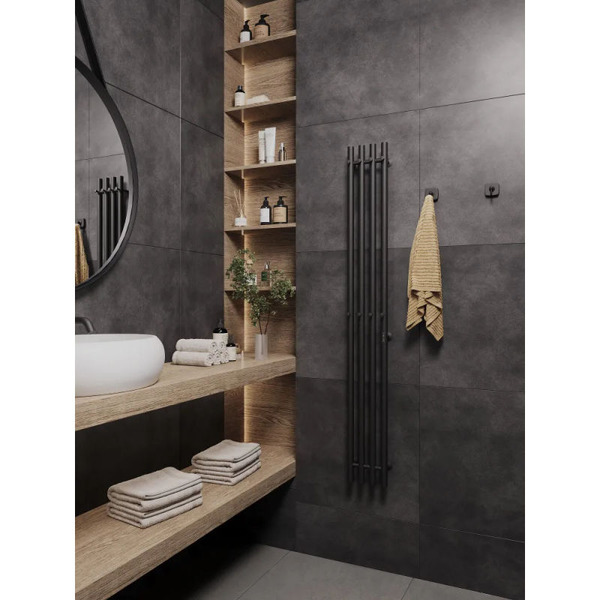 Полотенцесушитель электрический Маргроид Ferrum Inaro 4 СНШ 150×6×18 (черный матовый, скрытого монтажа, таймер справа, 8 крючков)