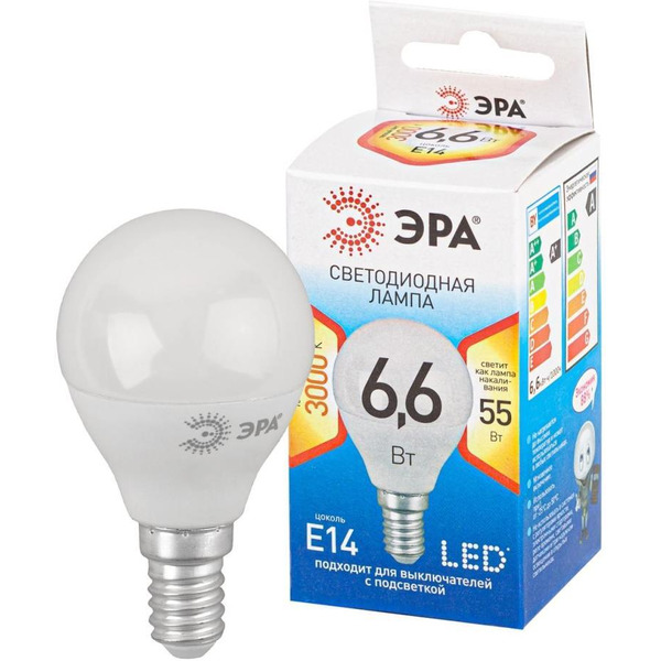 Лампа светодиодная ЭРА QX LED-6,6 Вт-P45-2700K-E14  (арт.P45-9W-827-E14 ) 10/100