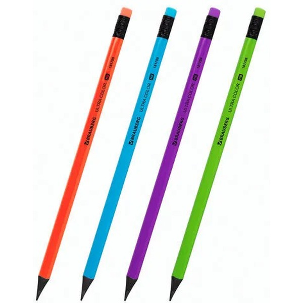 Набор карандашей чернографитных Brauberg ULTRA COLOR HB, с ластиком, пластиковые (181709) 4 шт