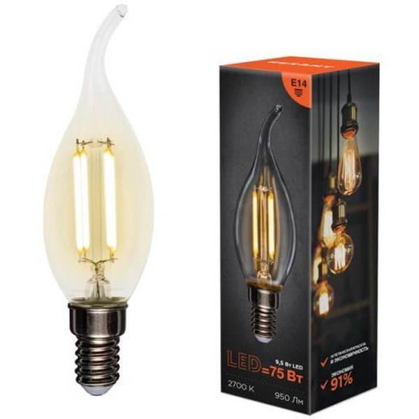 Лампа филаментная REXANT 604-109 Свеча на ветру CN37 9,5Вт 950Лм 2700K E14 прозрачная колба